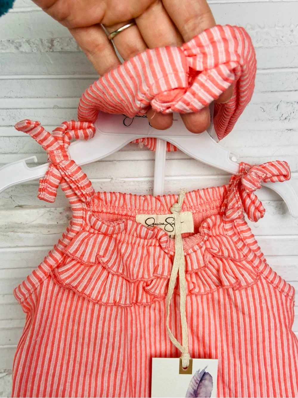 Jessica Simpson Coral & White Striped Ruffle Tie-Shoulder One-Piece W/ headband